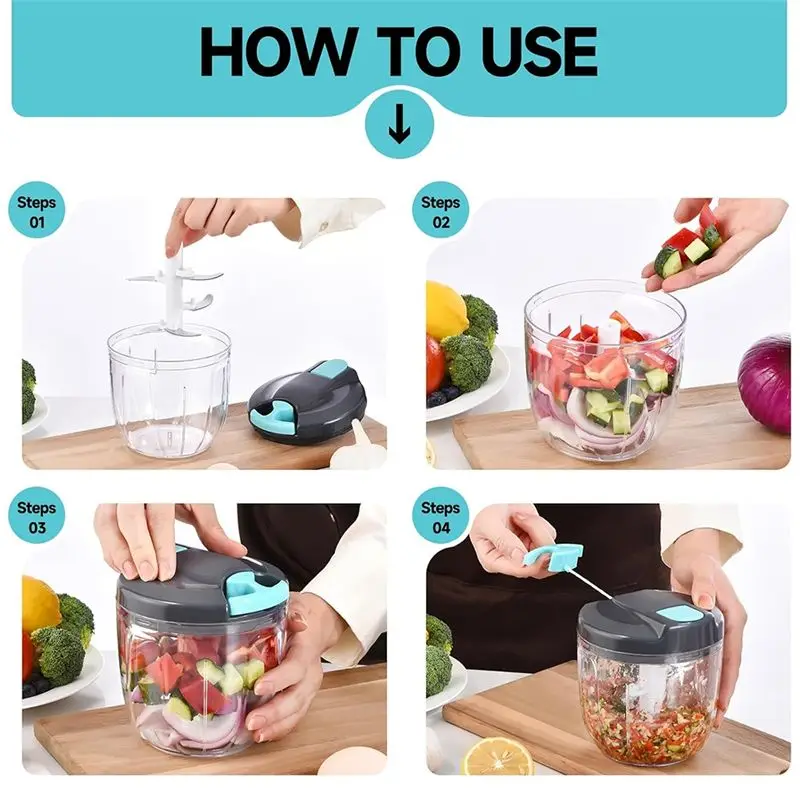A44Z-Manual Food Processor Vegetable Choppers, Portable Hand Pull String Garlic Mincer Onion Cutter