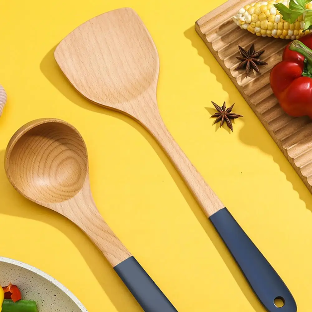 Ergonomic Kitchen Utensils 5-piece Kitchen Utensils Set Anti-skid Long Handle Wooden Spoon Spatula Temperature for Home