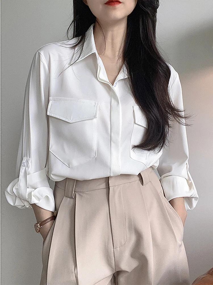 

Женская атласная рубашка с длинным рукавом Dongdaemun, свободный крой, профессиональный дизайн, корейский стиль, осенняя мода, белый цвет, с пуговицами