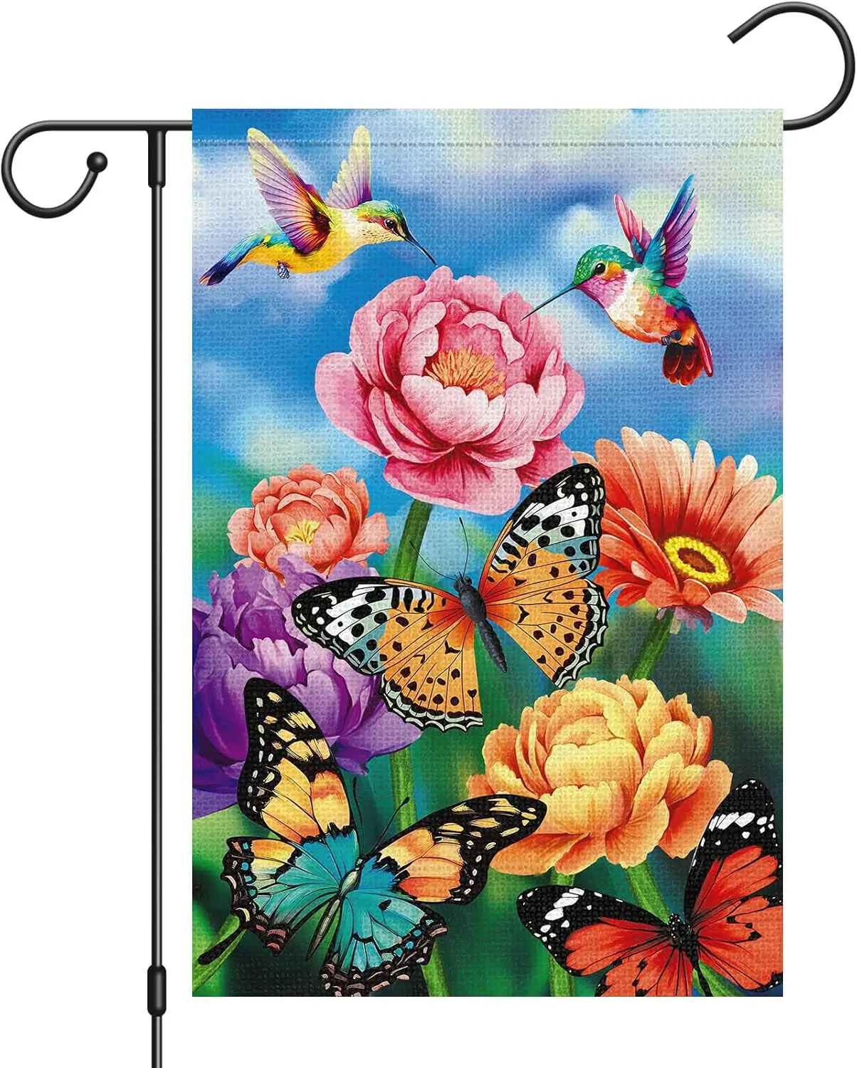 Heyfibro Spring Flower Welcome Garden Flag 12x18 Double Sided Burlap, Hummingbird Butterfly Floral Garden Yard Flags for Spr SSL