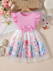 MILANCEL Girls' Patchwork Mesh Floral Dress Korean Style Flying Sleeves Children's Princess Dress Trendy Summer Kids' Clothing