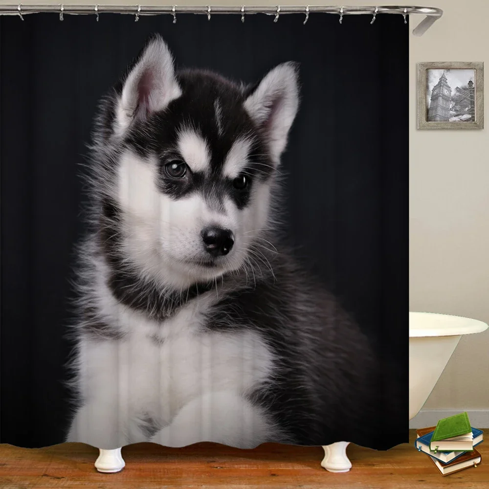 Cute Animal Shower Curtain Set for Pets, Husky Dog, Puppy, Christmas, Home Decor,