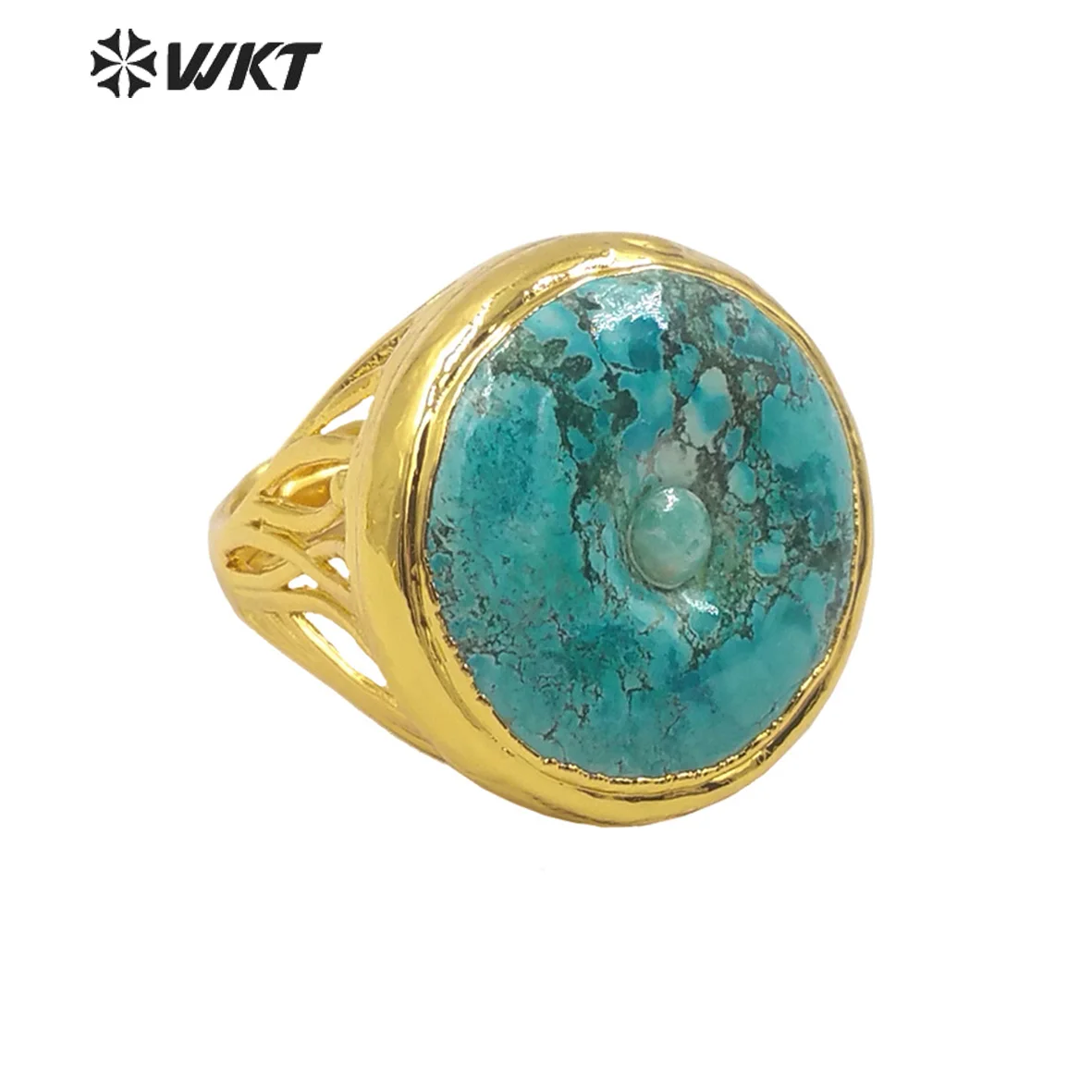 WT-R410 WKT Good-Looking Natural Stone Ring Turquoise Round Button Shape Wide Edge Adjustable Women Men Gift Jewelry Finding