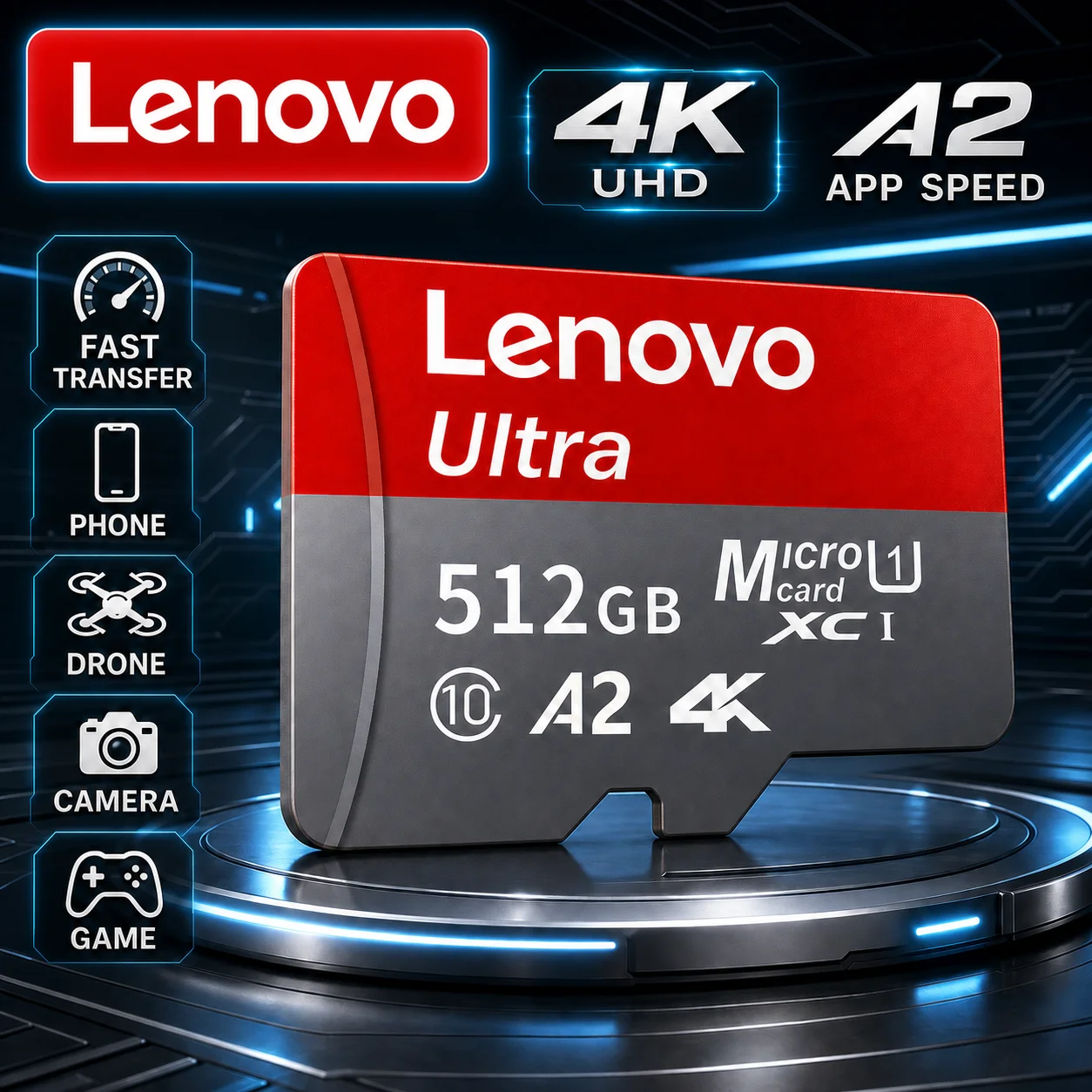 Cartão de Memória Lenovo de Alto Desempenho para Câmeras e Dispositivos de Vigilância, Cartão Micro TF SD de Alta Velocidade 512GB 256GB 128GB