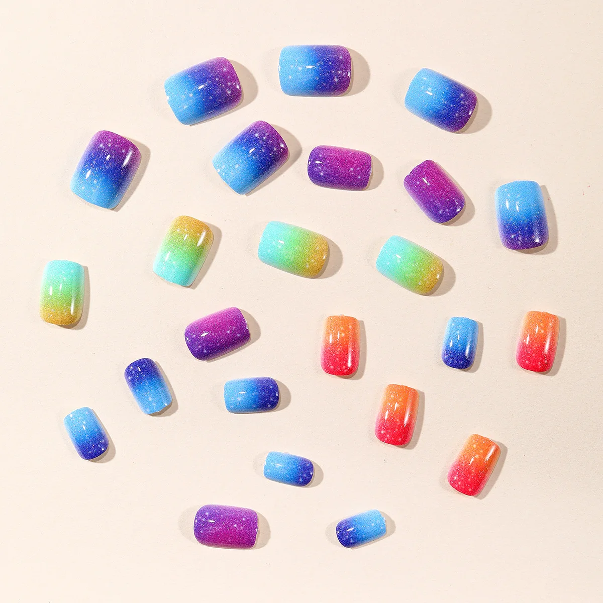 Short Fake Nails for Women Girls Y2K Gradient Candy Rainbow Colors Square Shaped Glossy Nail Tips Full Cover Press On False Nail