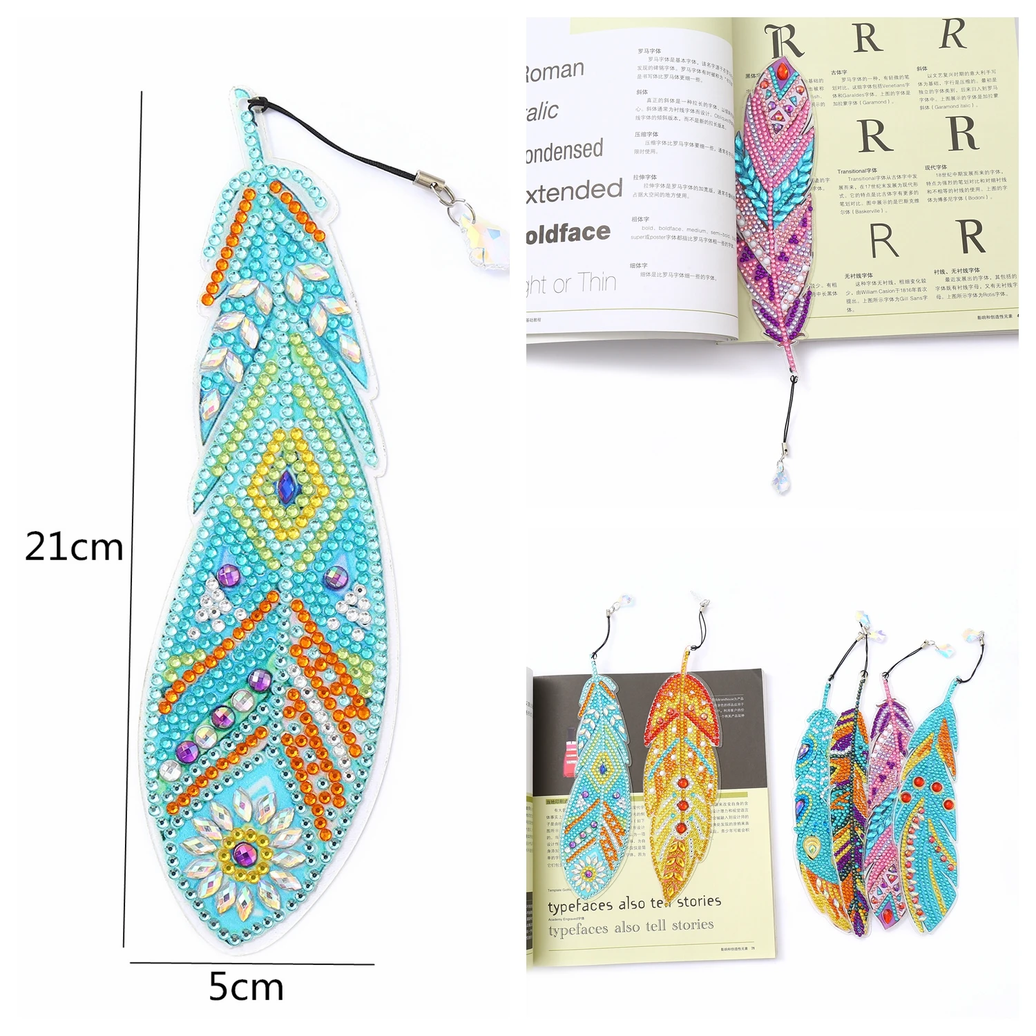 6pcs/set DIY Diamond Painting Bookmarks Feather PET Material with Crystal Pendants for Books Notes Diamond Art Feather Bookmarks