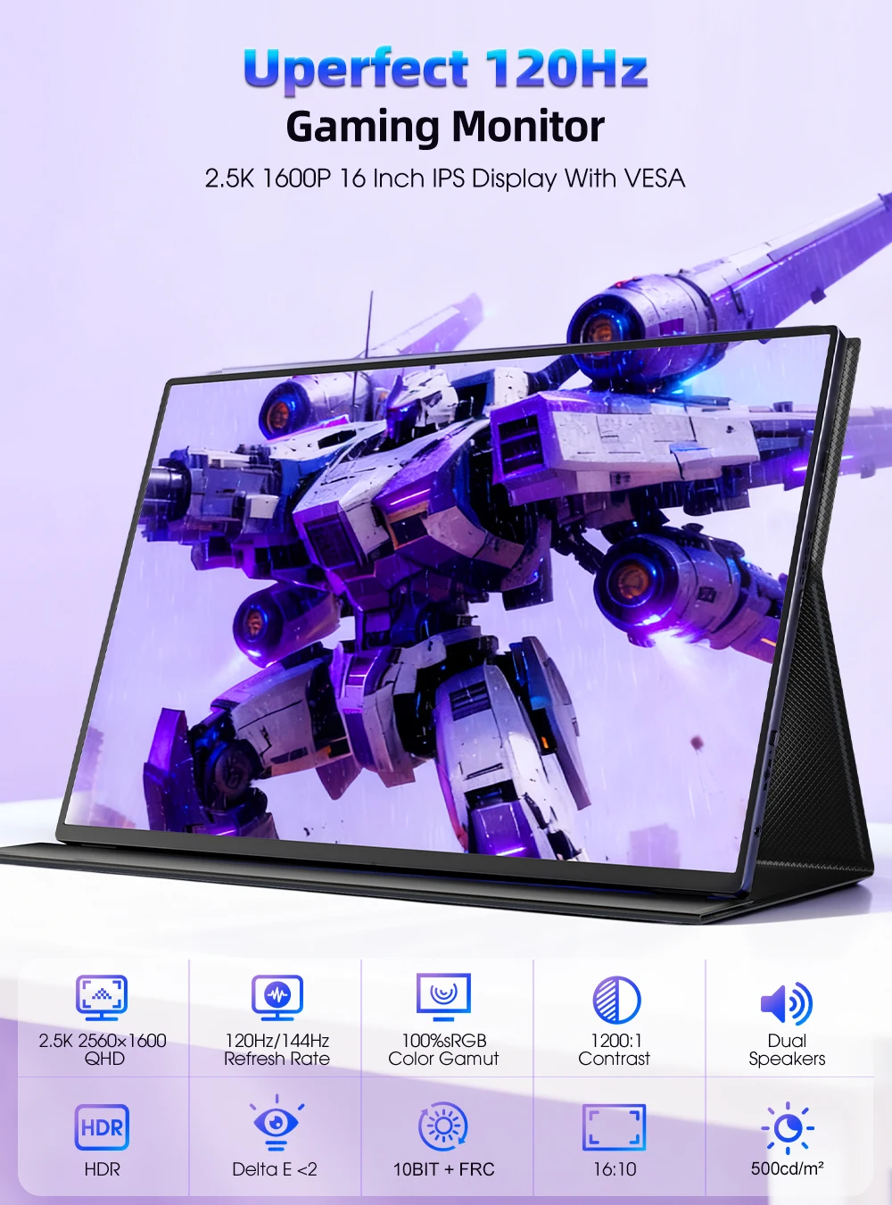 شاشة ألعاب محمولة UPERFECT 2K 120Hz مقاس 16 بوصة 16:10 500 Nits 10Bits شاشة خارجية لأجهزة الكمبيوتر المحمول مع VESA وغطاء HDR FreeSync Eye Care للكمبيوتر الشخصي والهاتف ووحدة التحكم في الألعاب