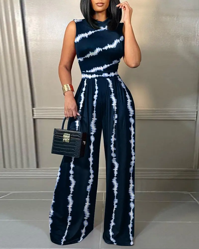S-5XL 2024 Women Summer Sleeveless Stand Collar Jumpsuits Printed Floral Wide Leg Straight Long Pants Lady Slim Casual Jumpsuit
