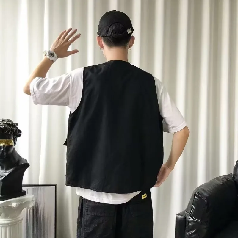 Minimalist Casual Summer Men's 2024 New Patchwork V-neck Button Pocket Fashion Solid Loose and All-match Sleeveless Vest Jacket
