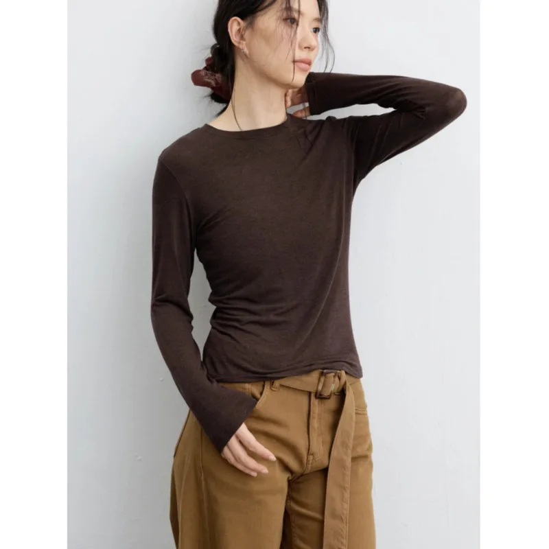 Crew Neck Long Sleeve Basic Shirt Autumn Winter Cashmere Blend Soft Knit Slim‑Fit Casual Layering Top