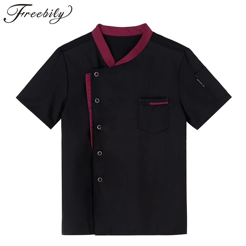 ผู้ชายแขนสั้น Chef Uniform ปุ่มลงอาหารบริการเสื้อแจ็คเก็ตเฉียงสำหรับห้องครัวร้านอาหารโรงอาหาร