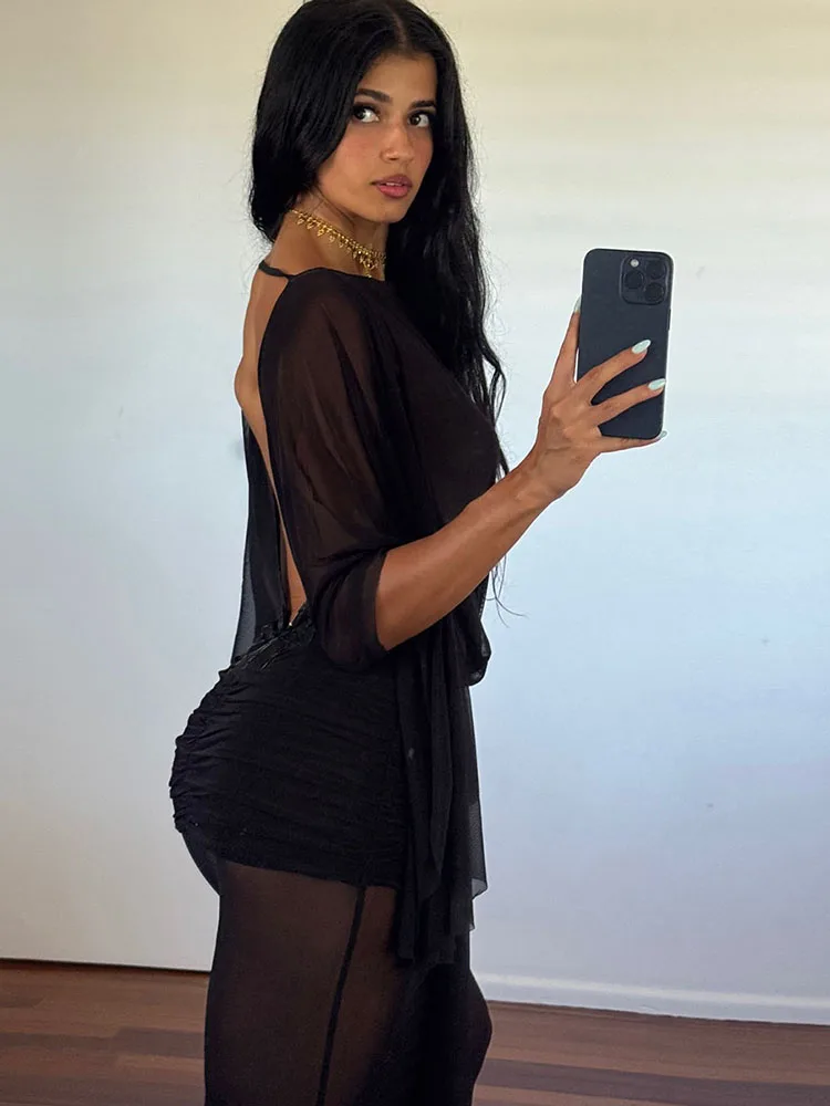 Estranho gato sem costas borboleta vestido feminino dupla camada retalhos ruched manga cheia estiramento magro clubwear festa maxi bodycon