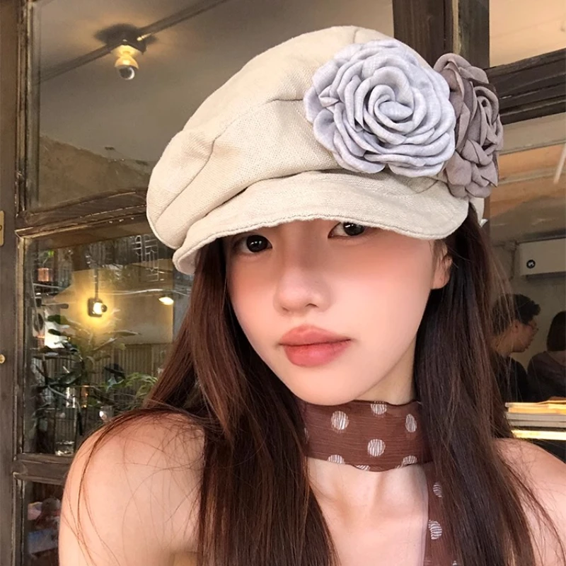 Bérets plissés au Design Rose pour femmes, Niche coréenne, casquette de voyage décontractée, polyvalente, chapeaux de peintre littéraire rétro, printemps et été