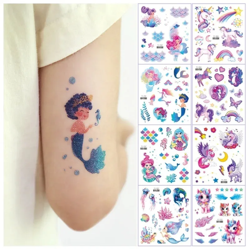 

2 pcs Glitter Mermaid Unicorn Temporary Tattoo Disposable Body Stickers for Kids Festival Accessories Make Up tatto Waterproof