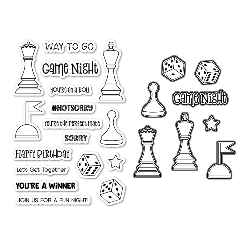 2023 New Chess Dice Game Night Clear Stamps Stencils Scrapbooking Cutting Dies Happy Day Background Frames Card Craft