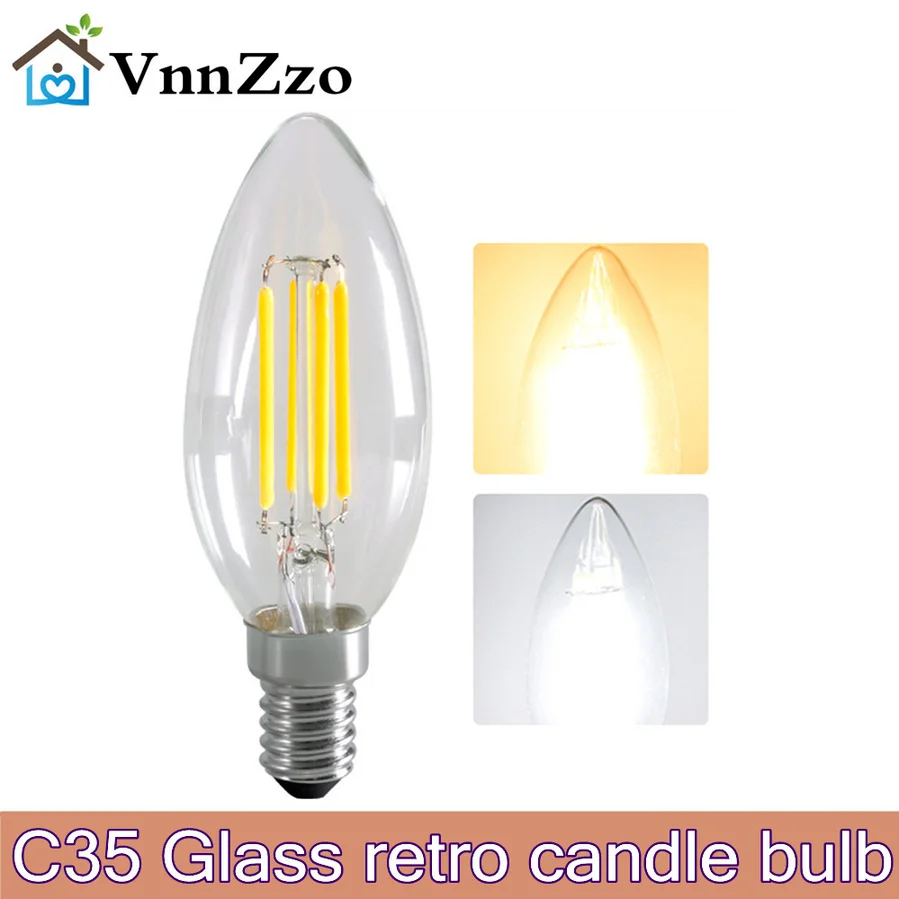 

VnnZzo LED Energy Saving 2W 4W 6W Candle Bulb E14 E12 E27 Dimmable 220V 110V 2700K C35 Filament Light 360 Degree Lamps