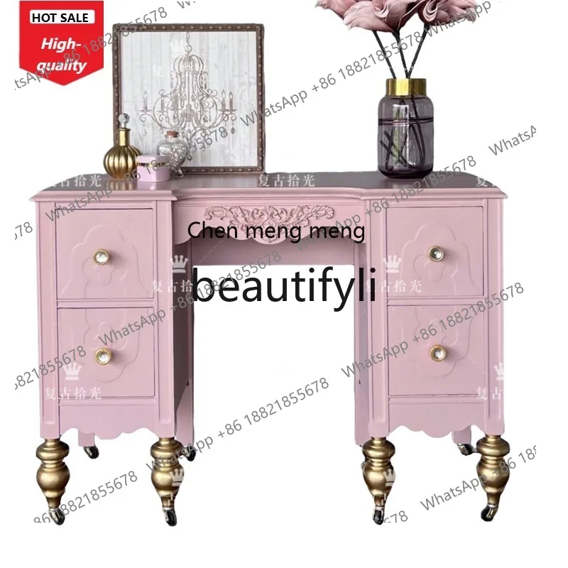

French Retro Solid Wood Carved Entrance Cabinet Living Room Decorative Cabinet Storage Cabinet Pink
