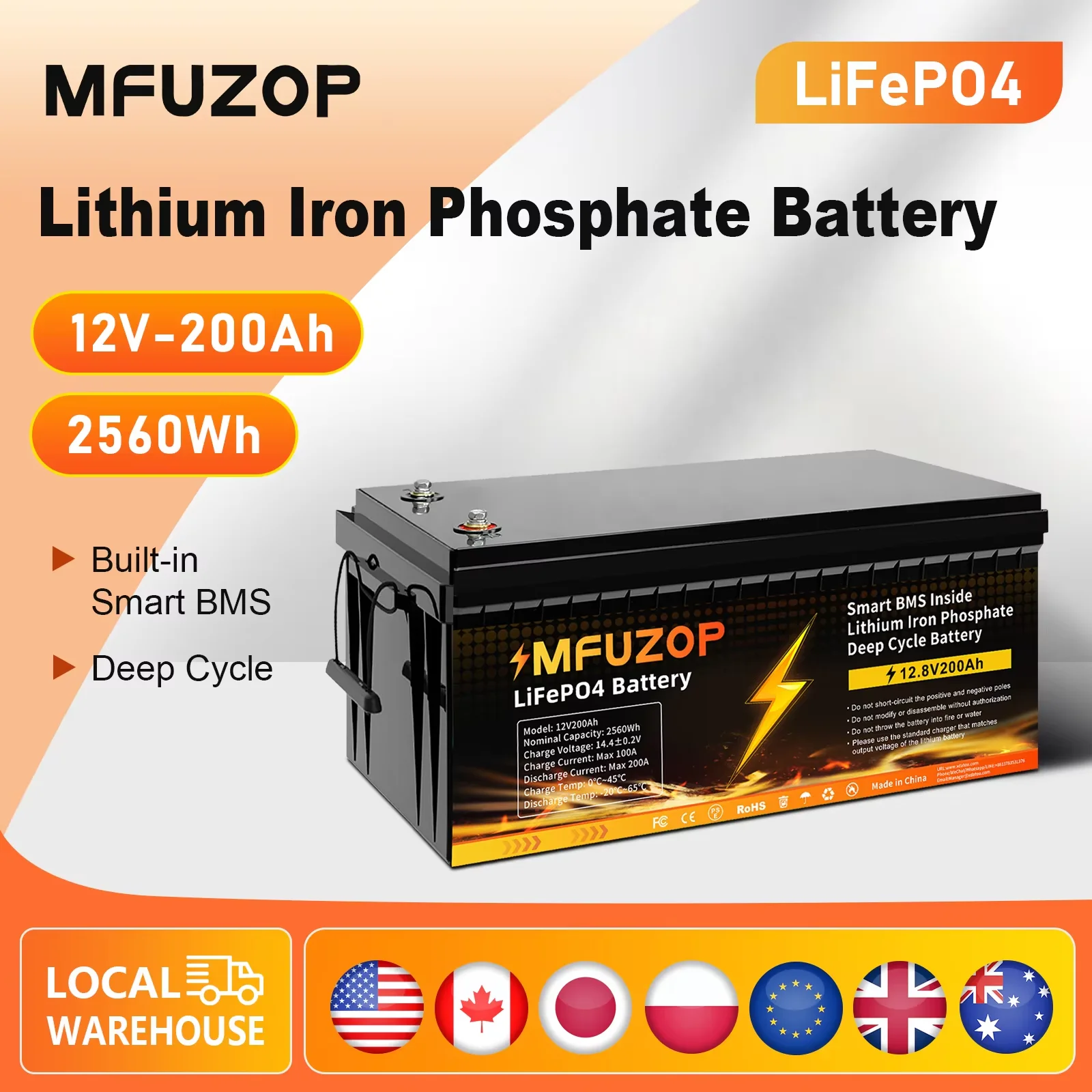 

MFUZOP LiFePO4 12V200AH Lithium Iron Phosphate Battery Nominal Capacity 2560W BMS Rechargeable Deep Cycle Solar Power System