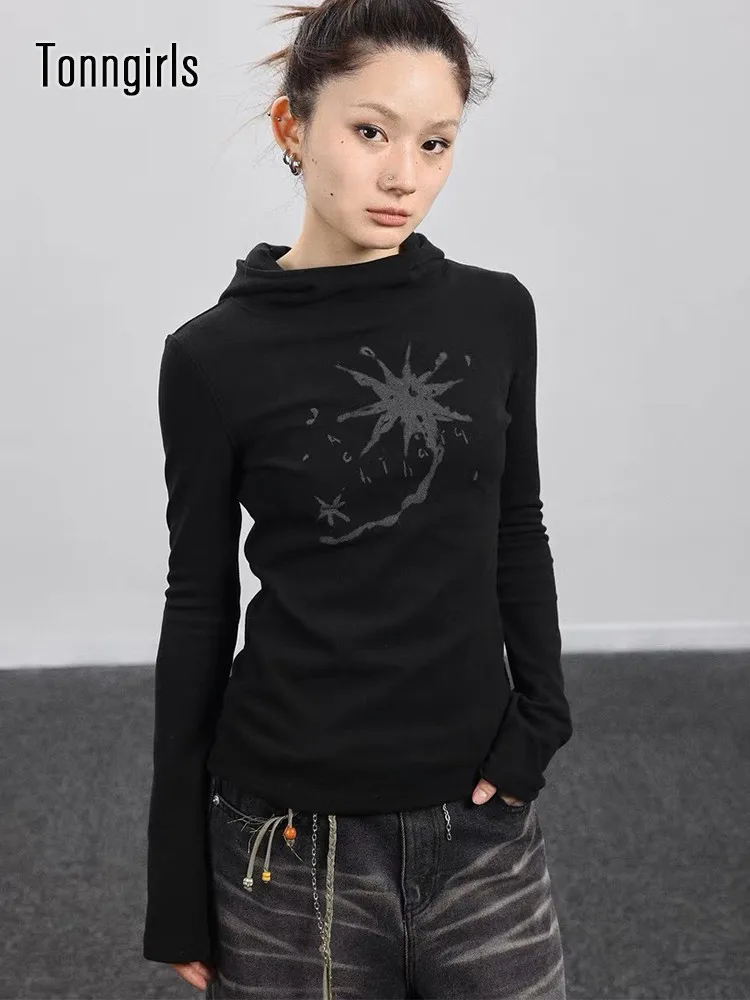 Tonngirls Gothic Print Graffiti T Shirt Women Turtleneck Long Sleeve Tee Tops Y2k Vintage Tops 2000s Japanese Streetwear Tshirts