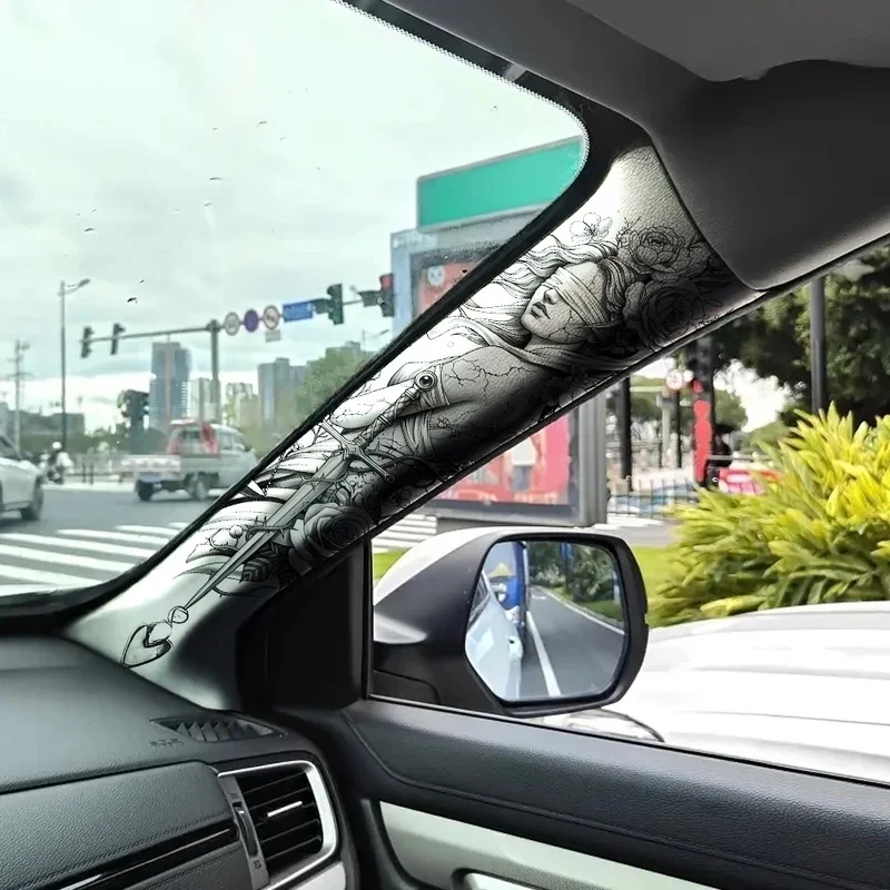 Blindfolded Lady Justice Rose Tattoo Print Car A‑Pillar Cover Universal Vinyl Anti‑Scratch Auto Interior Decor Protective Sleeve