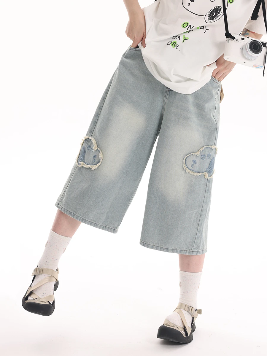 

Cosmic King Original Simple Match Dog Ear Embroidery Easy Wear Seven-Foot Jeans Cotton Loose Fit Micro Stretch Natural Waist