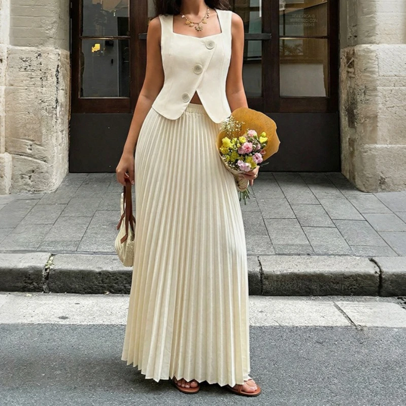 Conjunto de Dos Piezas para Mujer, Vestido y Chaqueta sin Mangas con Botones, Falda Plisada hasta el Tobillo con Cintura Imperio, Estilo Casual, Verano 2026