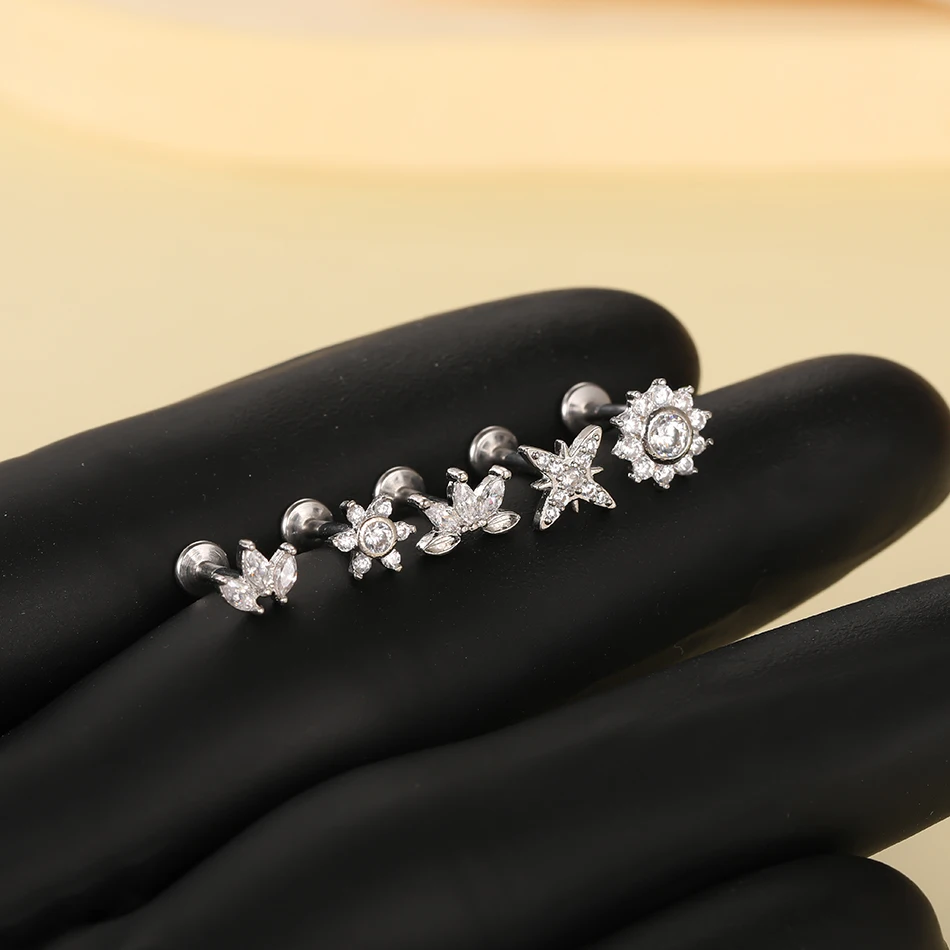 1 Stück Edelstahl Blumen-Zirkon Helix-Ohrstecker für Frauen, Innengewinde-Labret-Ohrstecker, Lippenring, Körperschmuck – Detail 1
