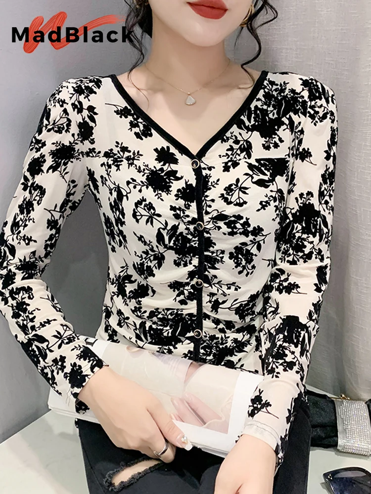 

MadBlack European Clothing Tshirt Women Sexy V Neck Floral Print Slim Mesh Tops Long Sleeve Tees Autumn Winter T30864JC