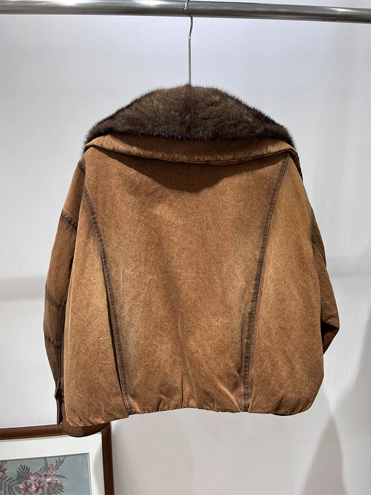 เสื้อแจ็คเก็ตขนห่านสำหรับผู้หญิง ฤดูใบไม้ร่วง-ฤดูหนาว ปี 2025  คอปกขนมิงค์แท้  แจ็คเก็ตยีนส์  เสื้อคลุมหรูหราสำหรับผู้หญิง