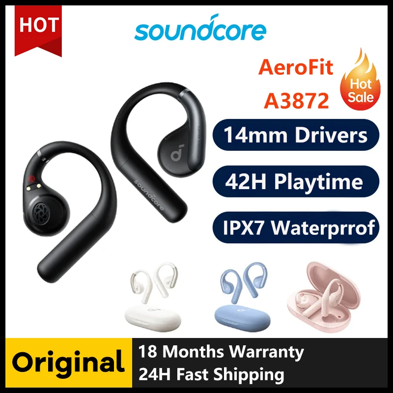 Original Anker Soundcore AeroFit Open-Ear Wireless Bluetooth Earbuds Bass 42H Playtime IPX7 Waterproof Sport Headphone Comfort