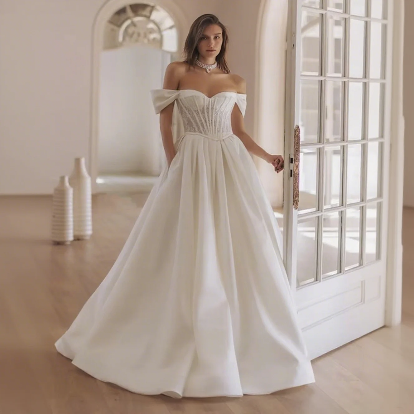 

Customized Off-Shoulder Sweetheart Neckline Satin Wedding Dress with Open Back Lace-Up Detail A-Line Gown Sweep Train for Bride