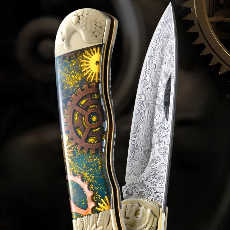 Gear Damascus Steel Folding Knife, Outdoor Fruit Knife, Folding Portable Carrying Knife, Premium Knife