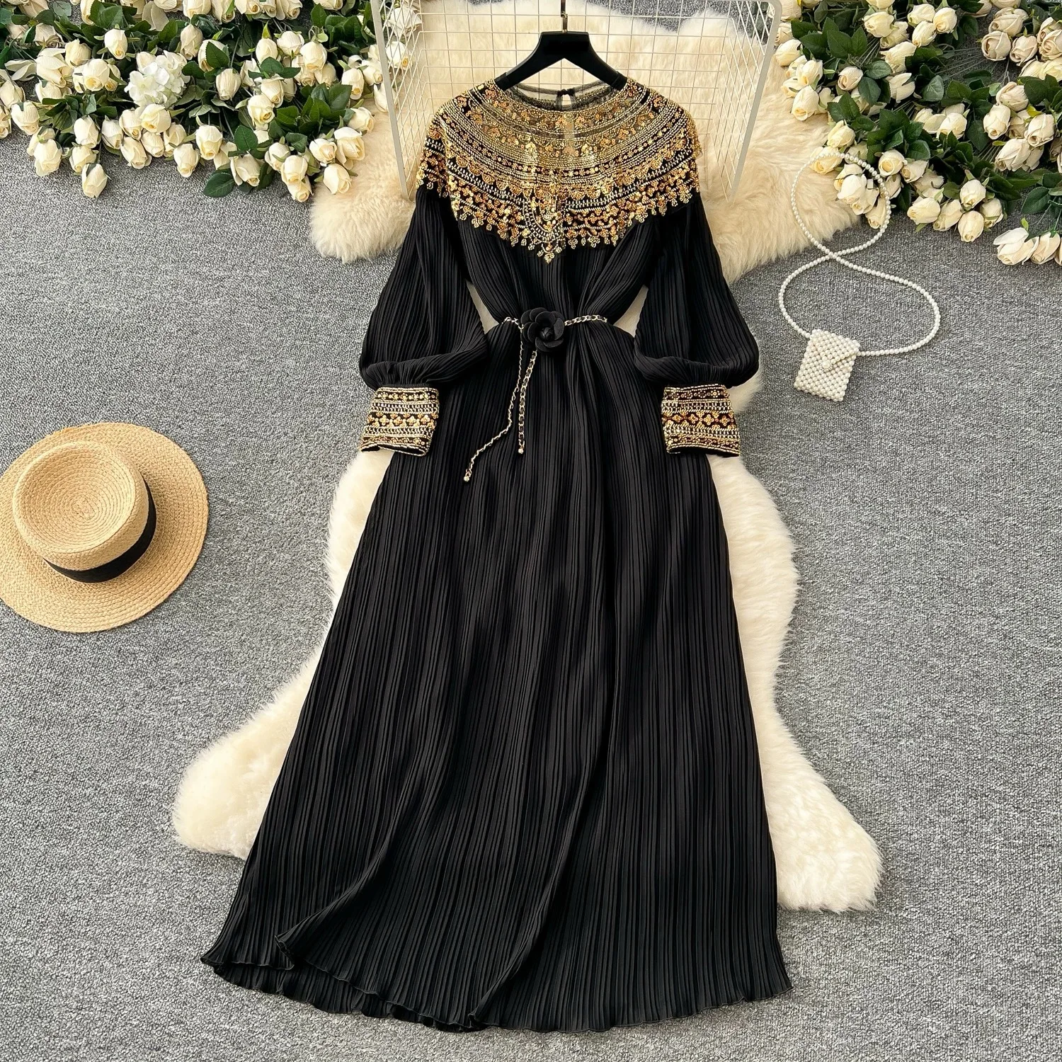 

Gown Dress Women Long Dresses Lace Up High Waist Vestidos Streetwear Beading Sequin Elegant Y2k Vintage Pleated 2025 Party Night