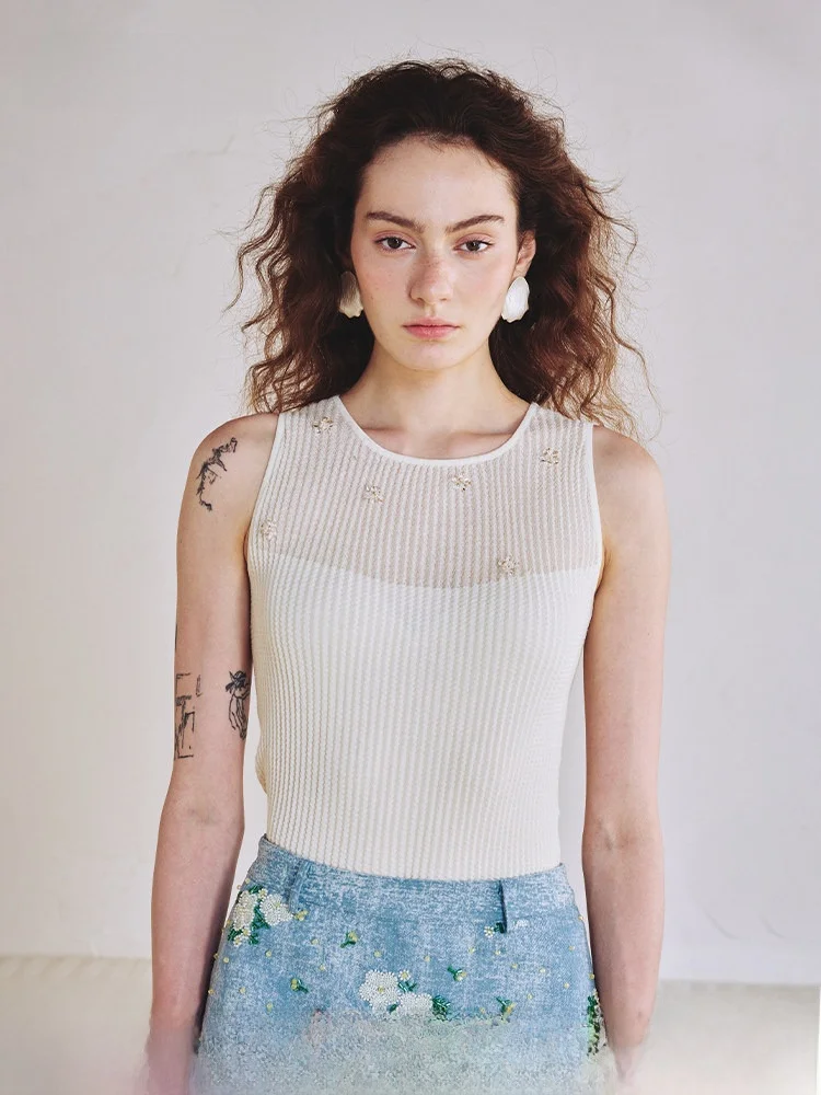 

Hamere25 Spring Summer Knitted Wave Splicing Svel Vest Versatile Simple Design Glitter Fabric Slim Fit Women's Top