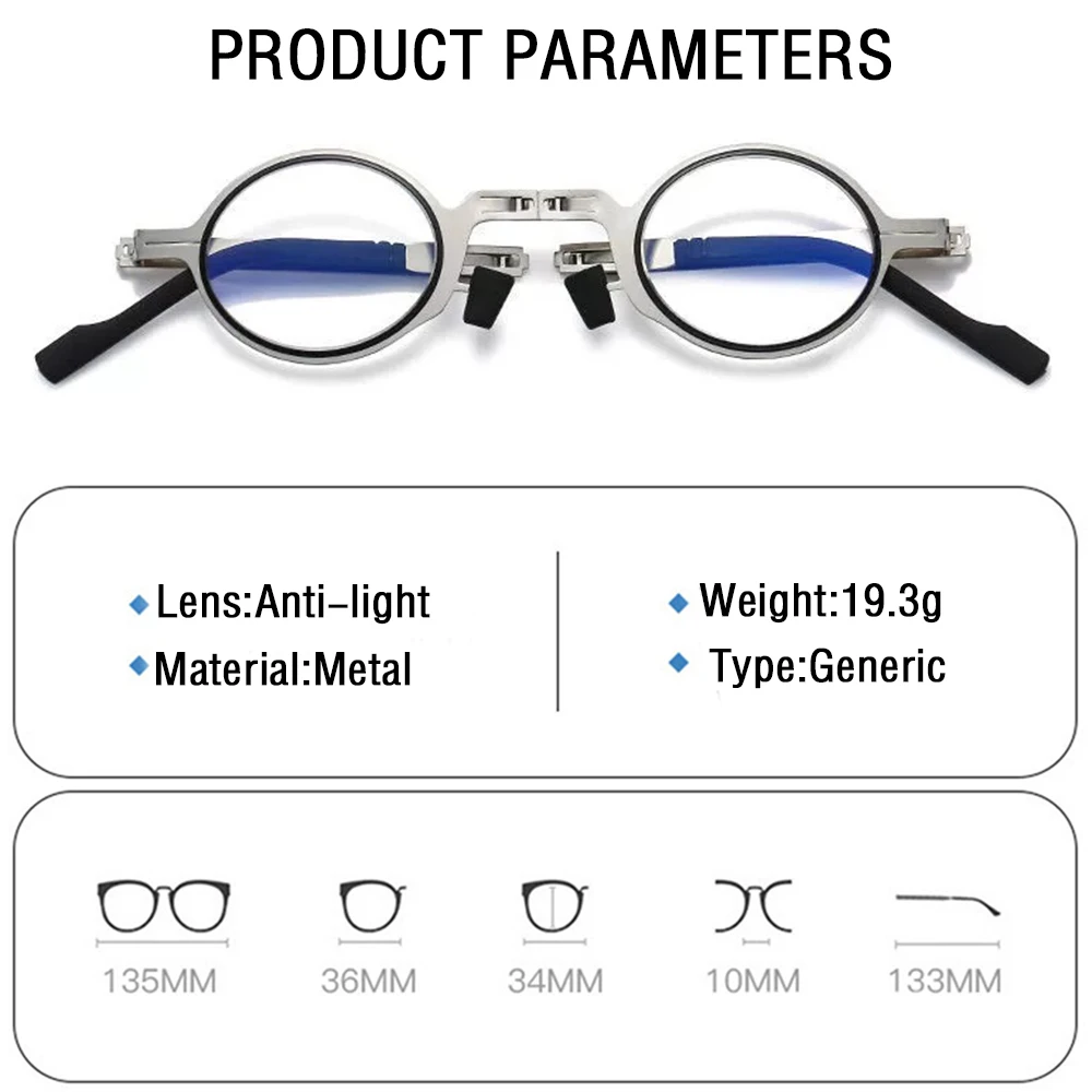 แบบพกพาพับ Kacamata Baca สำหรับโลหะโลหะรอบสแควร์ Anti Blue Light กรอบแว่นตา Presbyopia พร้อม Diopters Plus