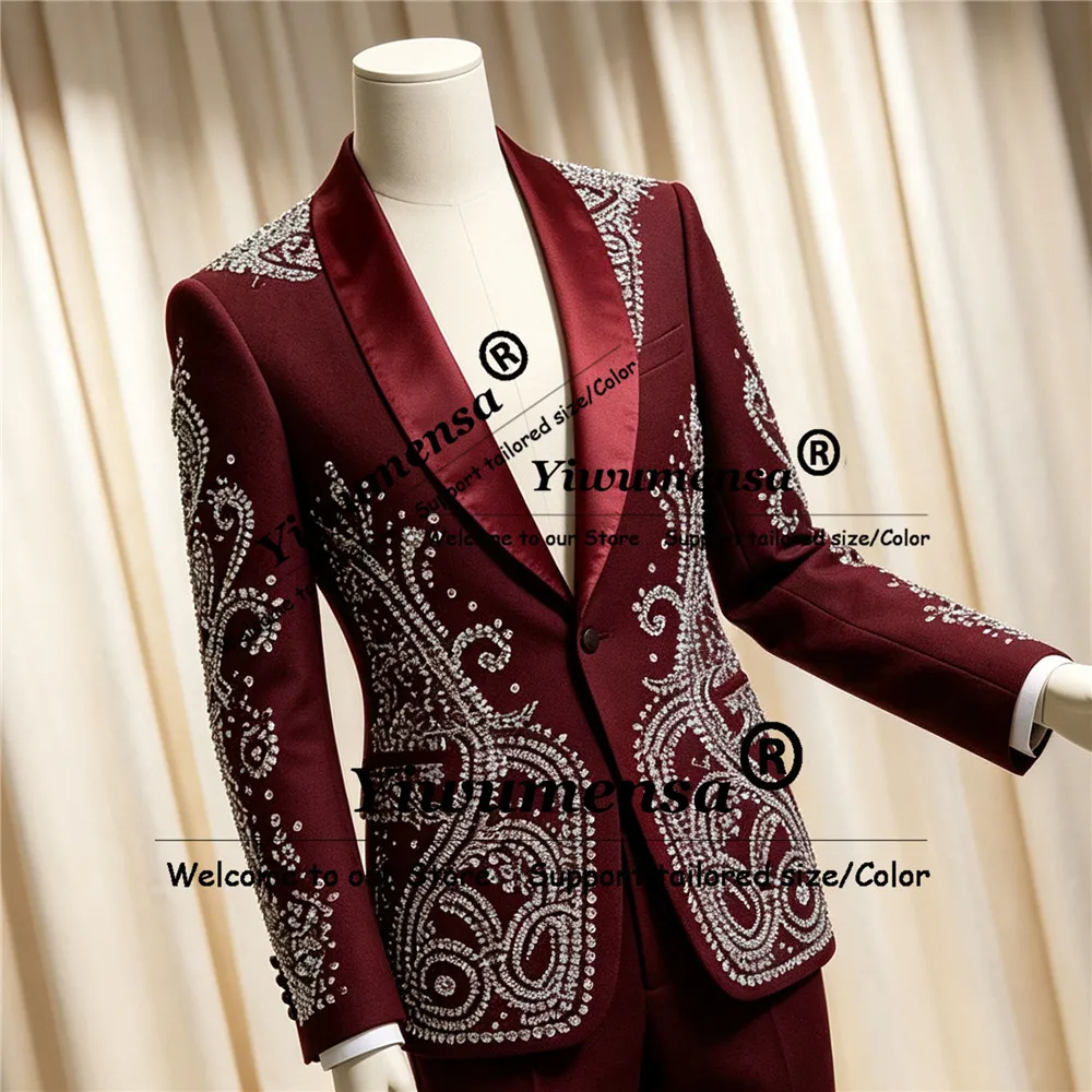 Luxury Suit Men For Wedding Rhinestones Beaded Prom Blazers Trousers 2 Pieces Sets Groom Formal Party Tuxedos Slim Fit Outfits