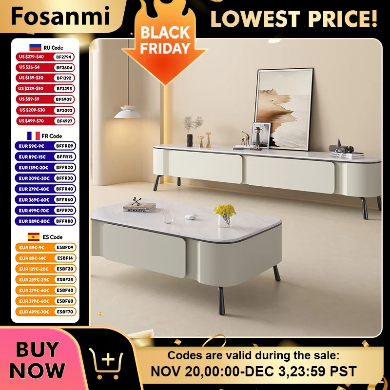 

Simple Modern Living Room Center Table Luxury Beige Coffee Table TV Stand Set Home Interior Steel Leg Tables with Storage Drawer