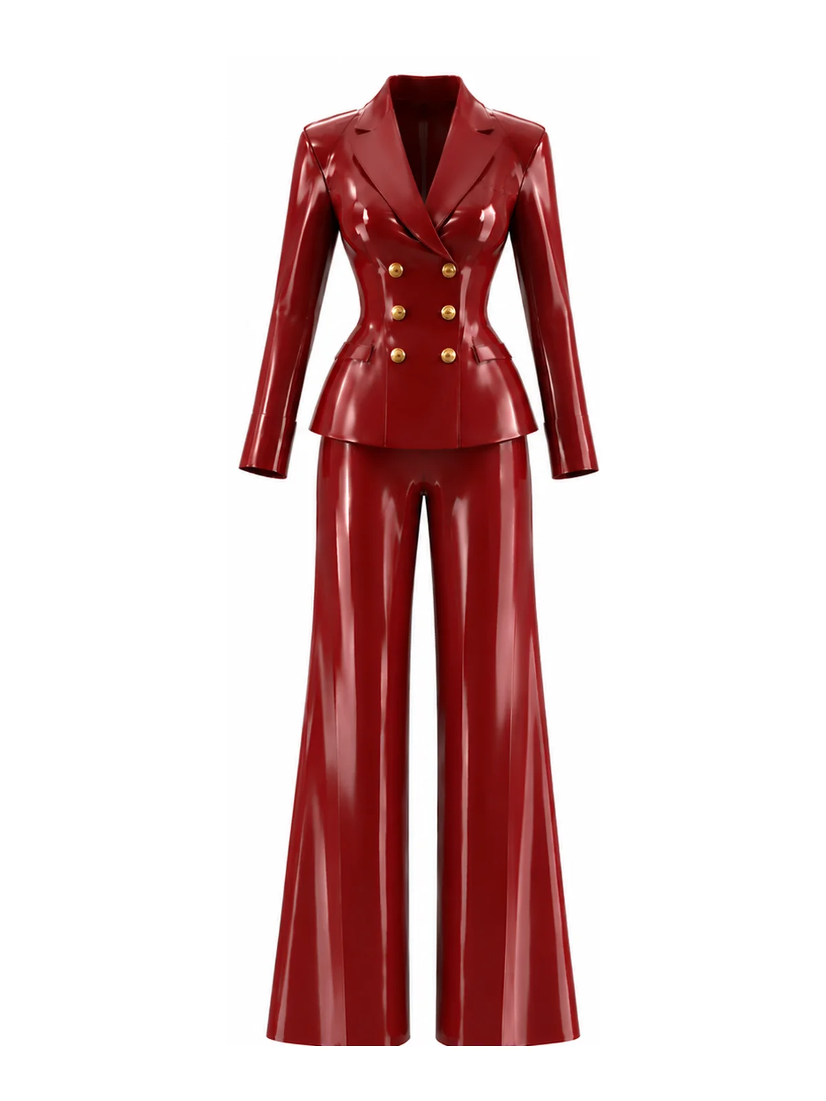 Women's Latex Pantsuit 1.0mm Double Breasted Blazer Wide Leg Pants 2 Piece Set Custom Black Red