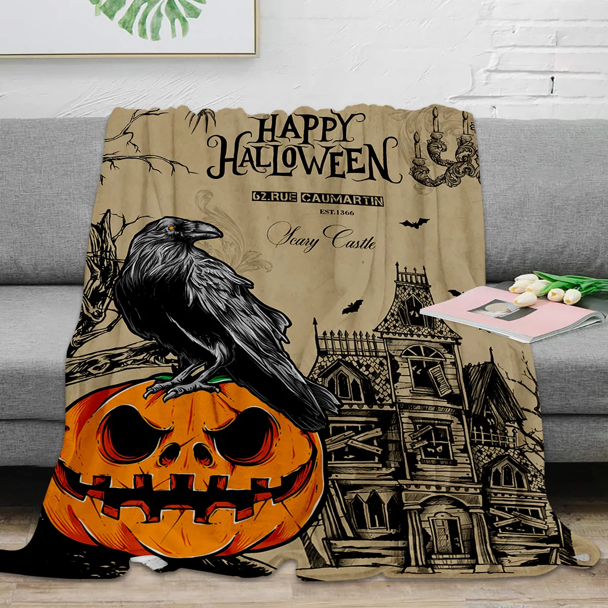 Halloween Pumpkin Crow Flannel Blanket Travel Picnic Blanket Portable Soft Bedspread Blankets for Beds