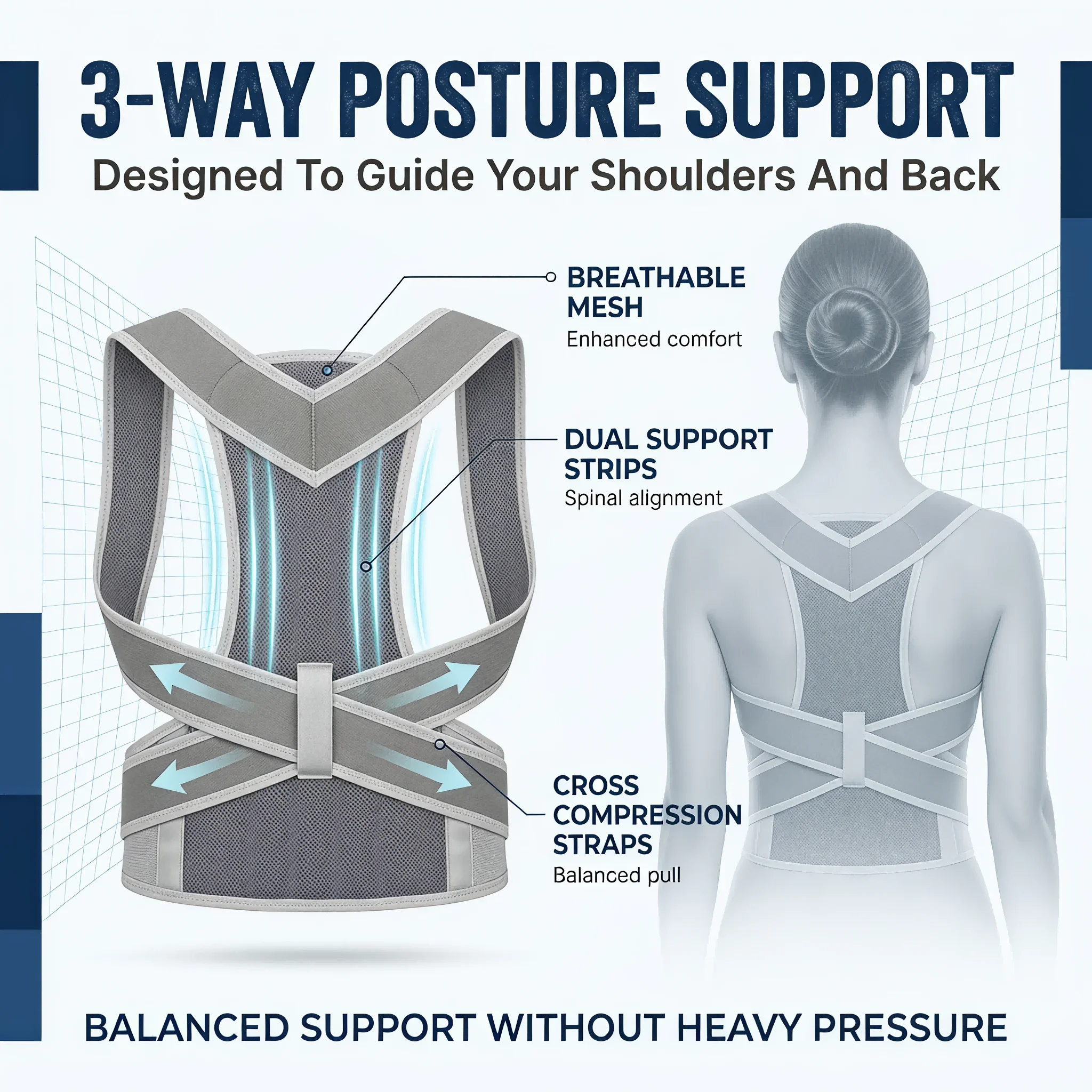 Lightweight Breathable Mesh Posture Corrector for Women Men, Back Support Brace for Upper Back Pain Relief, Adjustable Shoulder