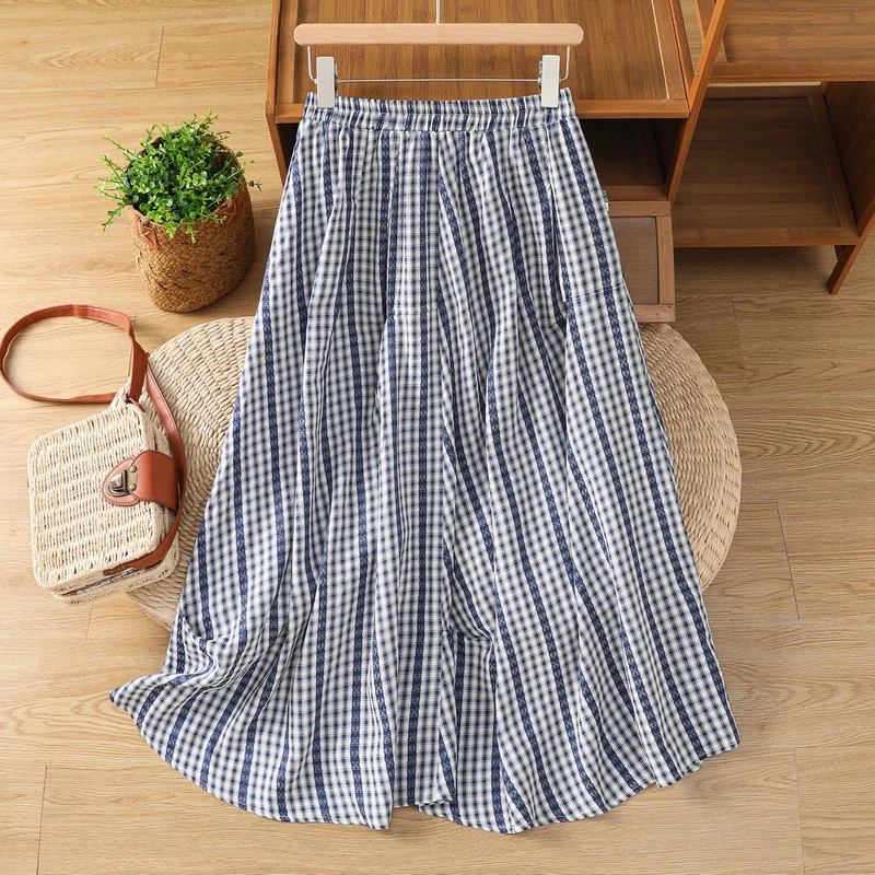 

Slimming Summer New Style Loose Fit Midi Plaid Skirt Asymmetrical Thin Material Versatile High Waist A-Line Dress for Office