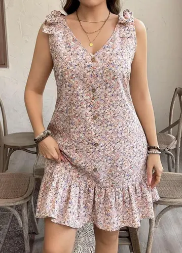 Vestido suelto sin mangas con botones y cuello en V con flores pequeñas europeas y americanas