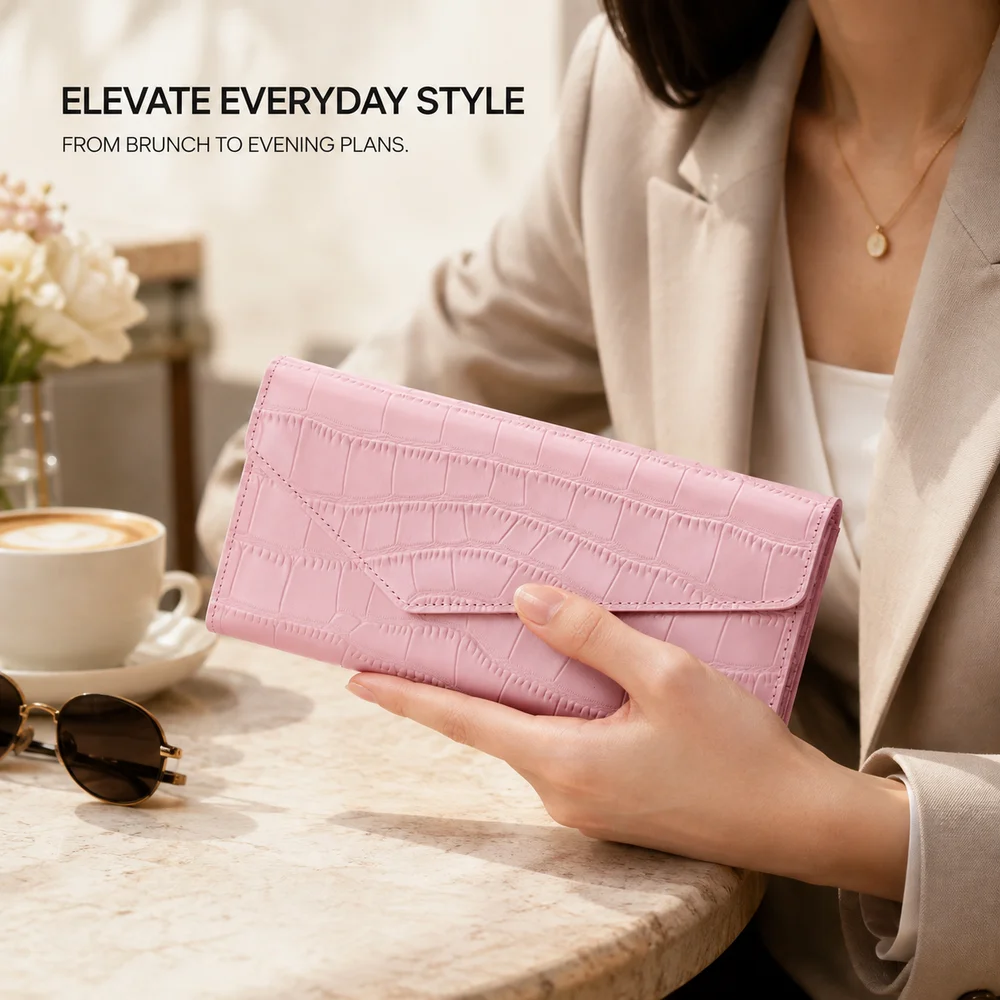 Genuine Leather Women's Long Wallet Crocodile Embossed Large Capacity Trifold Clutch Purse Card Holder Elegant Money Organizer