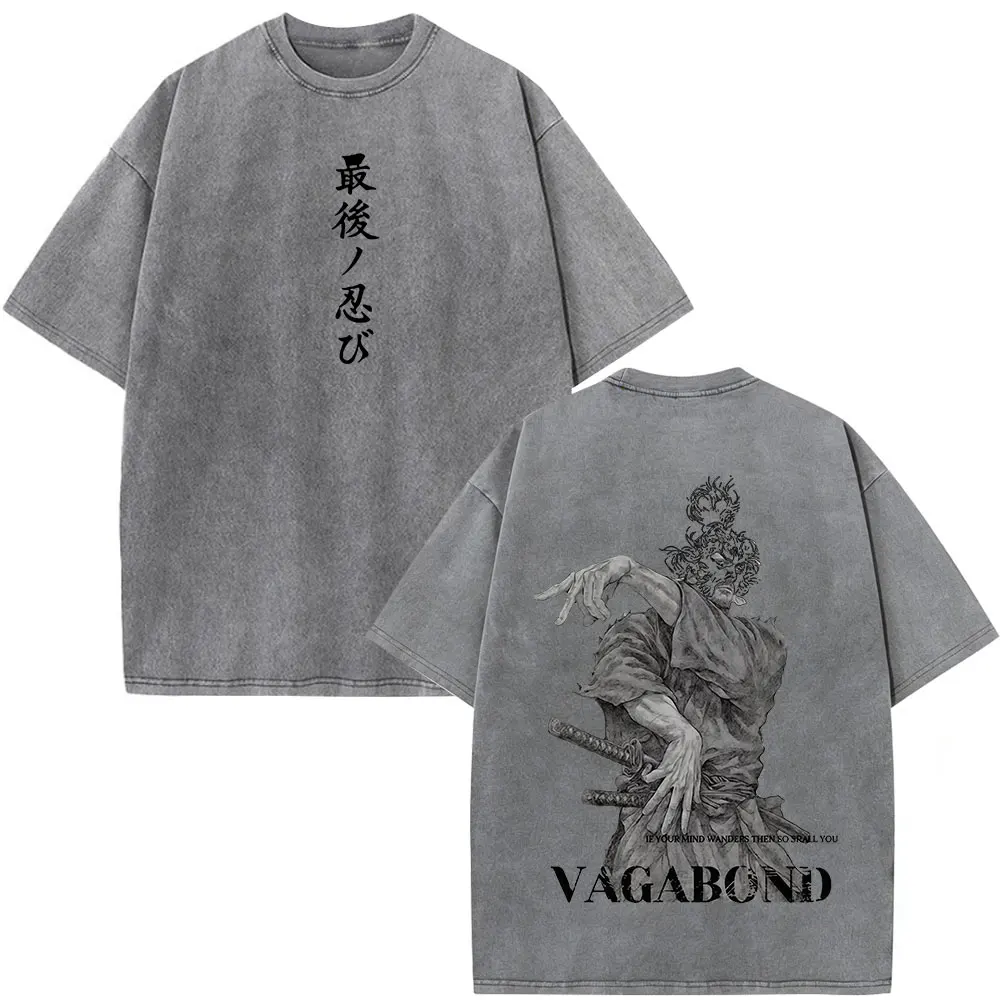 Anime Vagabond Miyamoto Musashi Cool Graphic Washed T Shirt Men Vintage Cotton T-shirts Harajuku Short Sleeve Oversized T-shirt