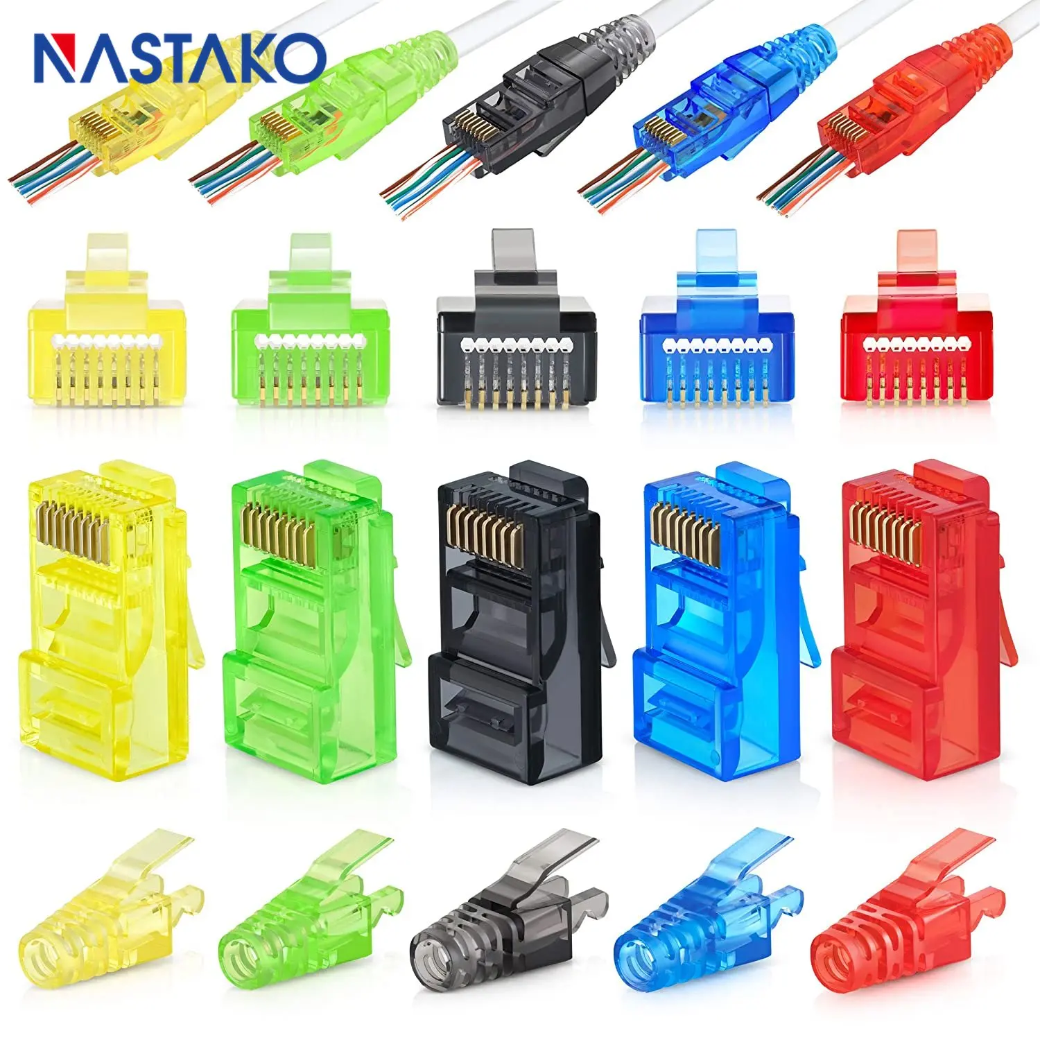 50pcs Cat6 RJ45 Passthrough Connector with 6.5mm RJ45 Strain Relief Boots Caps Mixed Colors Rj45 Modular Plugs for Lan Cable