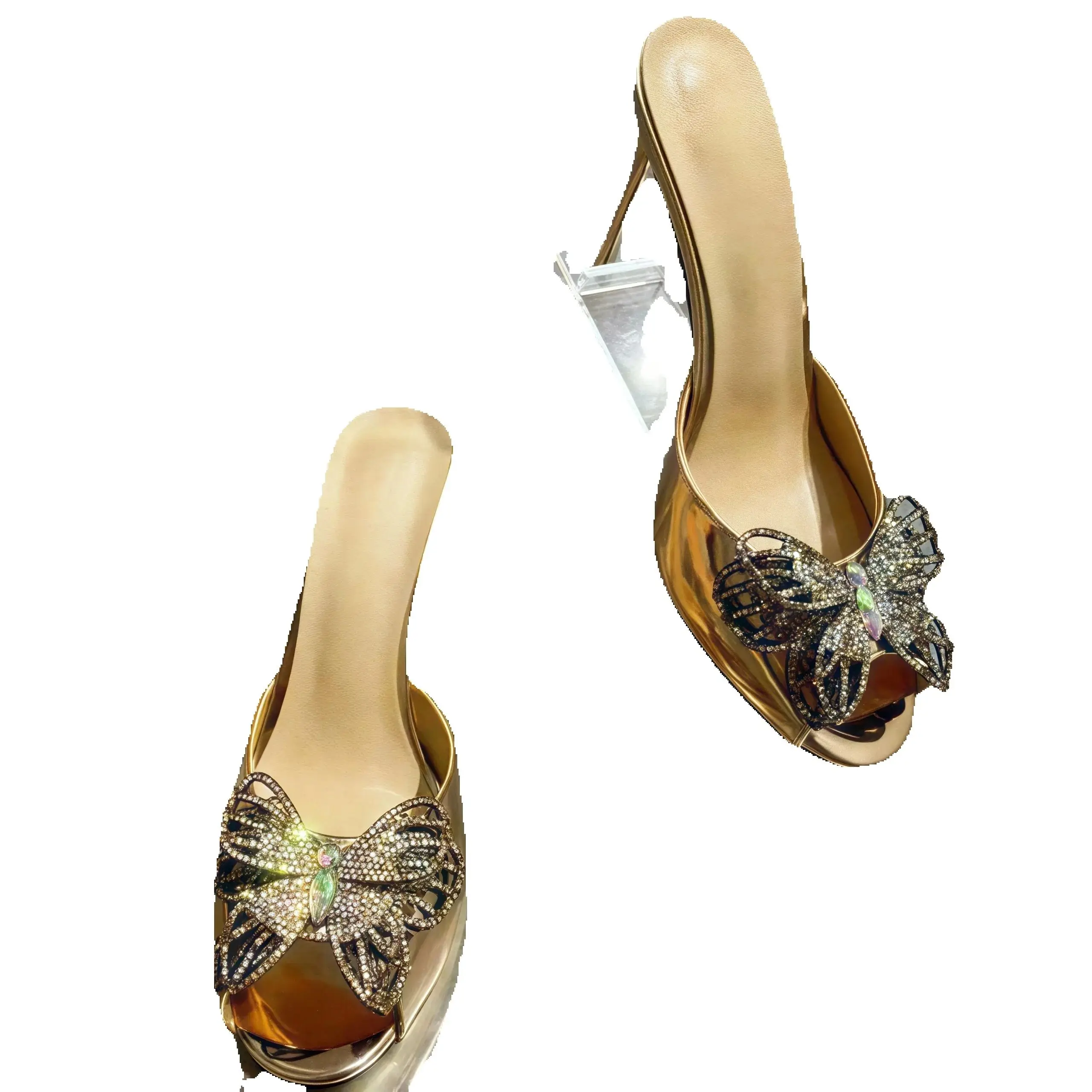 

New Luxury Patent Leather Peep Toe Slingbacks Womens Slippers Stiletto High Heels Gold Flower Beaded Crystal Rhinestones Sandals