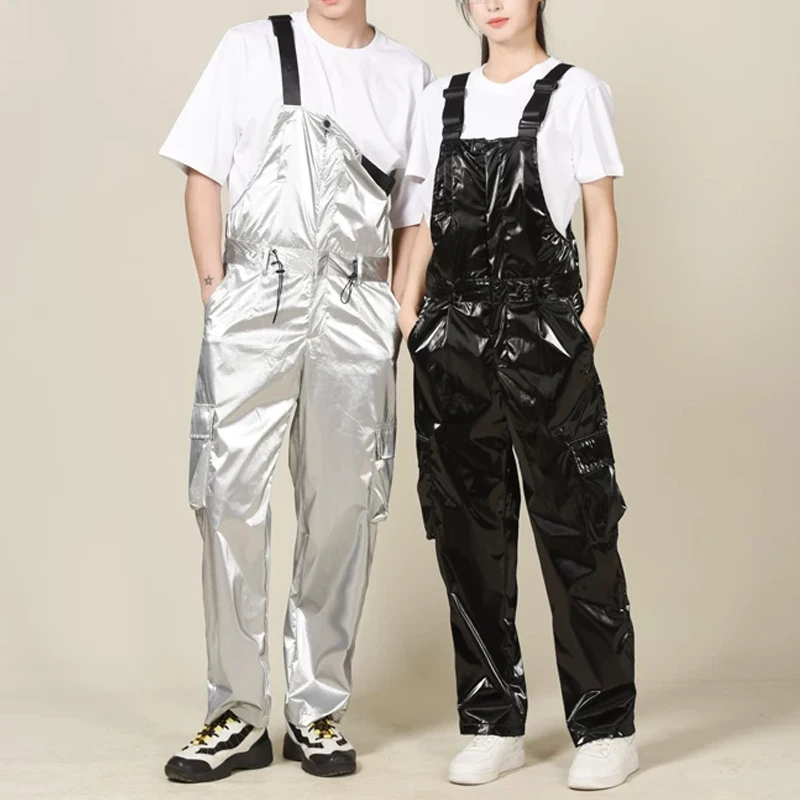 

Glossy Silver Hip-Hop Overalls Jazz for Men Women Retro Loose Fit Harlan Suspenders Pants Dancewear Streetwear Team Costumes