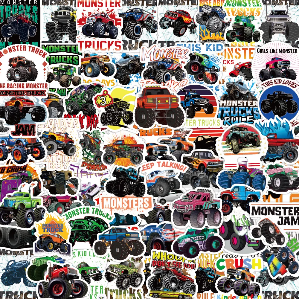 

100PCS Monster Trucks Stickers Cartoon Style Car Material Decoration DIY Laptop Phone Case iPad Waterproof Sticker Kids Toy