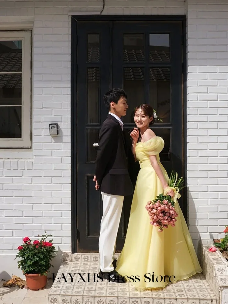 LAYXHS Elegant ชุดแต่งงานเกาหลีสีเหลืองปิดไหล่ Tulle A-Line ชุดเจ้าสาวที่กําหนดเองğün parti elbise