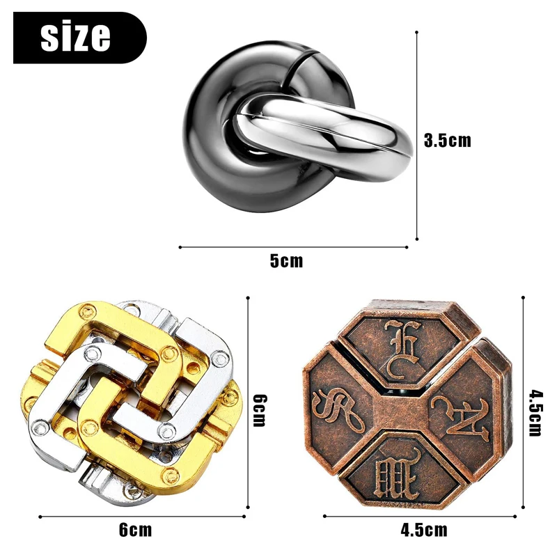 Difficult Magic IQ Brain Teaser Metal Puzzles 3PCS Unlock Interlocking Knot Disentanglement Educational Toys for Kids Adults